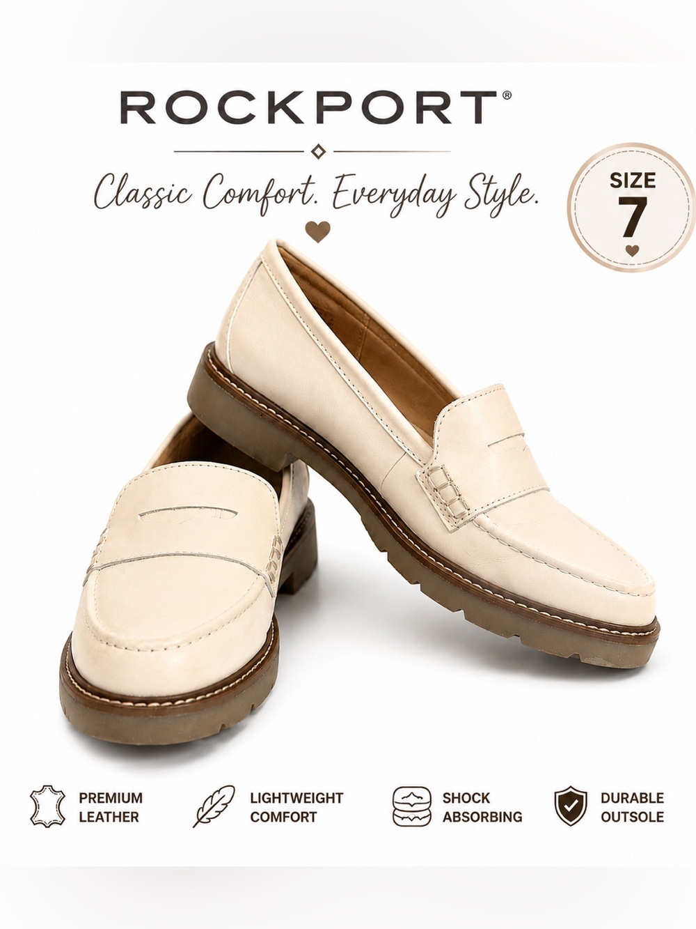 Rockport Kacey penny vanilla Cream Leather Loafers Lug Sole Comfort Shoes Size 7